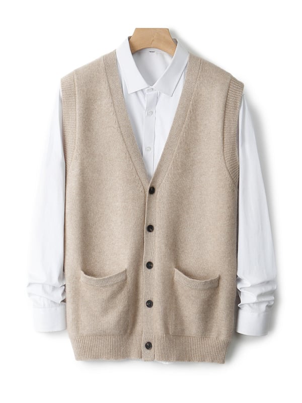 Bezrukávová kardigánová vesta z 100% vlna, V-krk, voľný strih, kórejský štýl