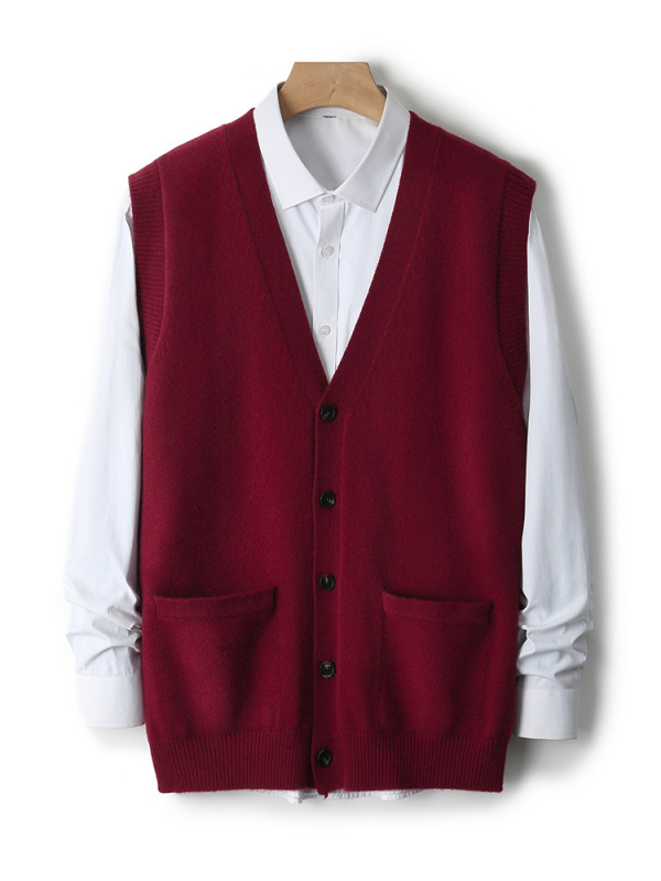Bezrukávová kardigánová vesta z 100% vlna, V-krk, voľný strih, kórejský štýl