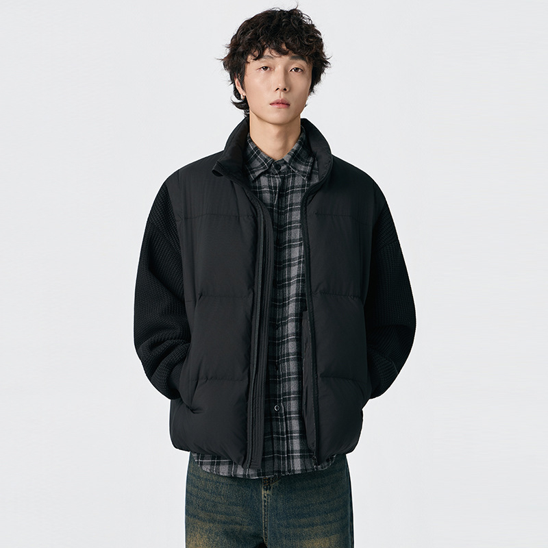 Pánska zimná ľahká pérová bunda s odnímateľnými rukávmi, pletené manžety, stojací golier, vetruodolná, výplň 600