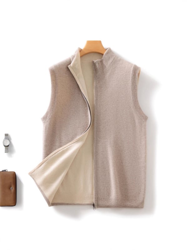 Vlnená pletená vesta kardigán s stojacim golierom, bez rukávov, zipsom vpredu, dvojstranná, 100% vlna