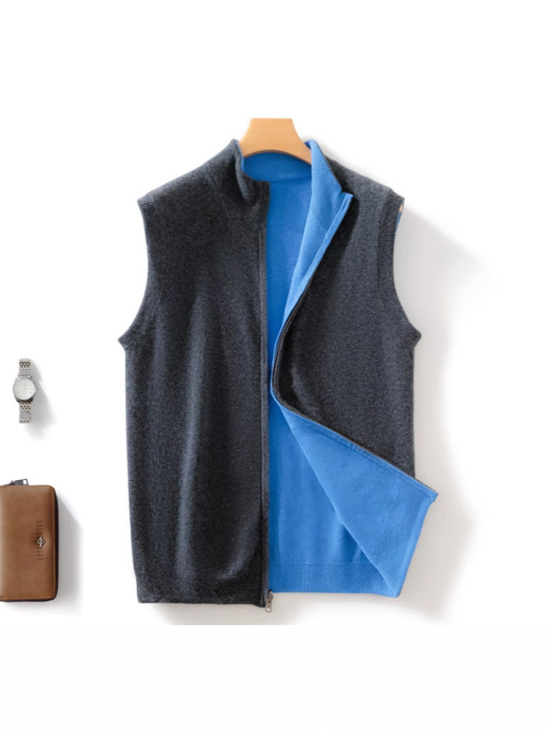 Vlnená pletená vesta kardigán s stojacim golierom, bez rukávov, zipsom vpredu, dvojstranná, 100% vlna