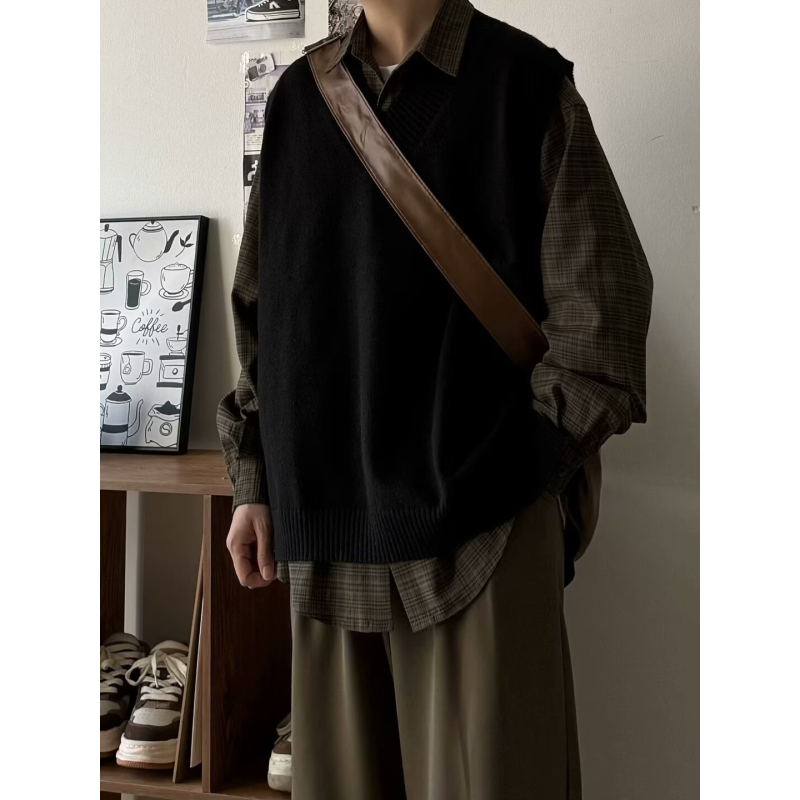 Muški pleteni vest s V-izrezom bez rukava, dizajn color-block, udoban slobodan kroj, zimska odjeća