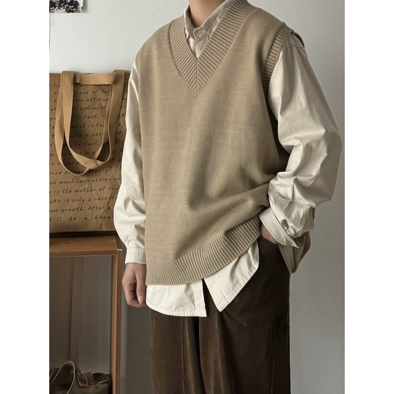 Muški pleteni vest s V-izrezom bez rukava, dizajn color-block, udoban slobodan kroj, zimska odjeća