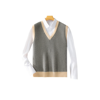 Pánske vlnené vesta s V výstrihom, bez rukávov, voľný strih, jacquard vzor s pruhmi