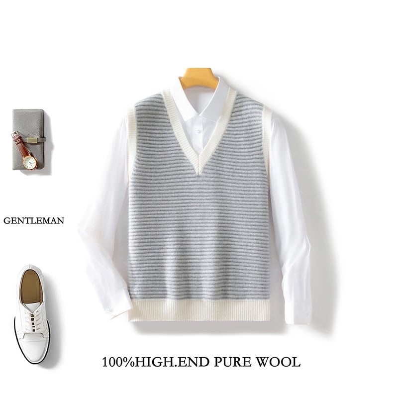 Pánske vlnené vesta s V výstrihom, bez rukávov, voľný strih, jacquard vzor s pruhmi