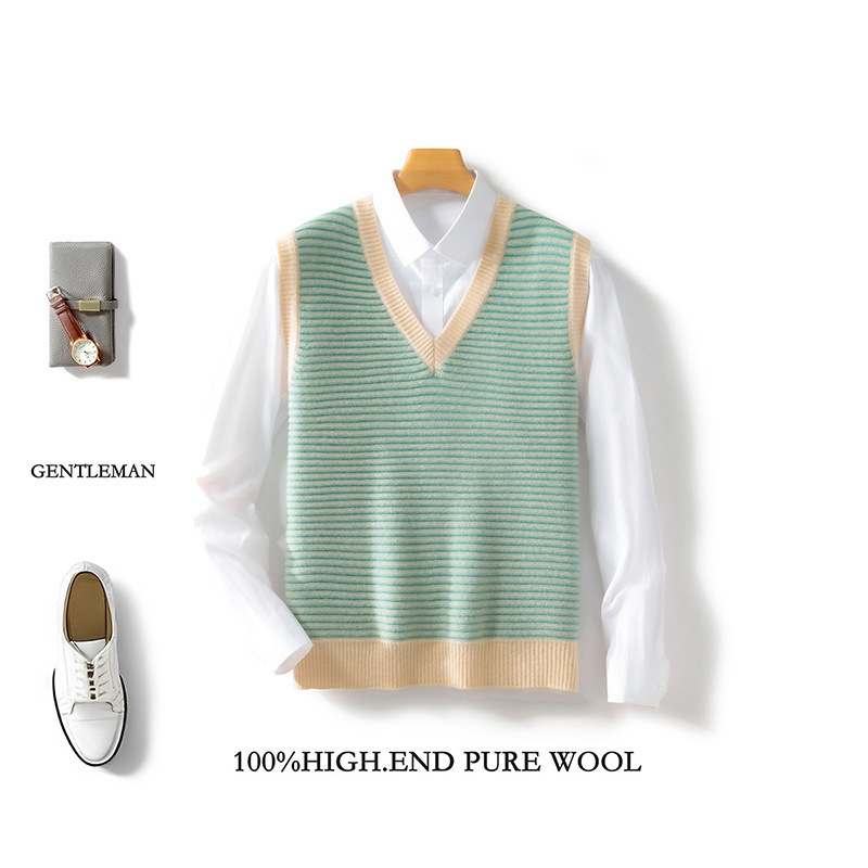 Pánske vlnené vesta s V výstrihom, bez rukávov, voľný strih, jacquard vzor s pruhmi