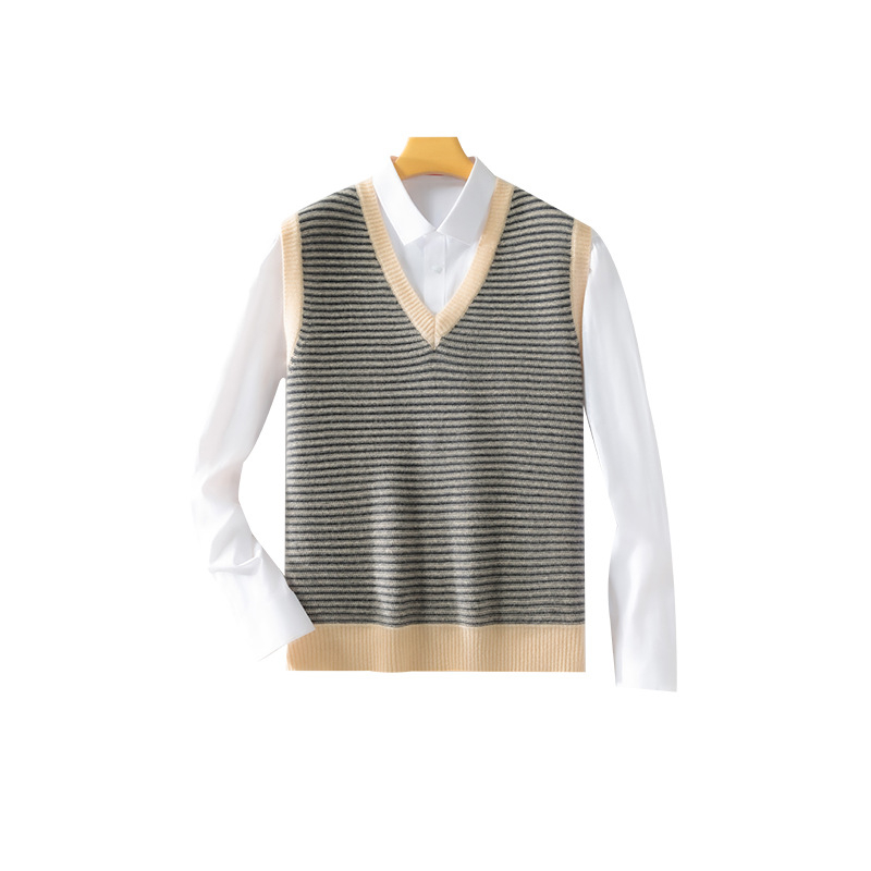 Pánske vlnené vesta s V výstrihom, bez rukávov, voľný strih, jacquard vzor s pruhmi