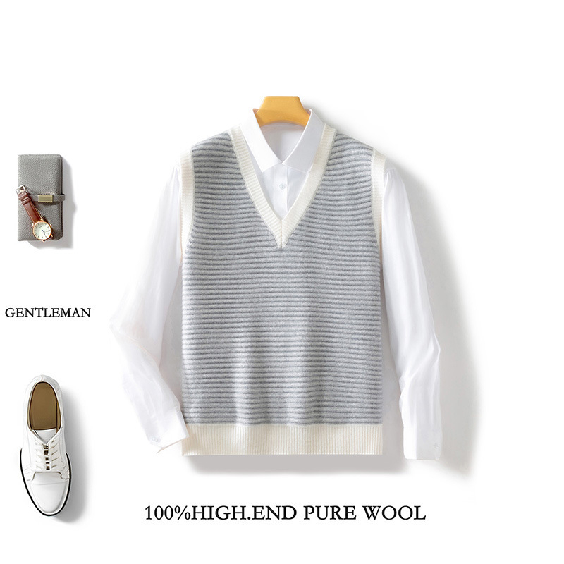 Pánske vlnené vesta s V výstrihom, bez rukávov, voľný strih, jacquard vzor s pruhmi