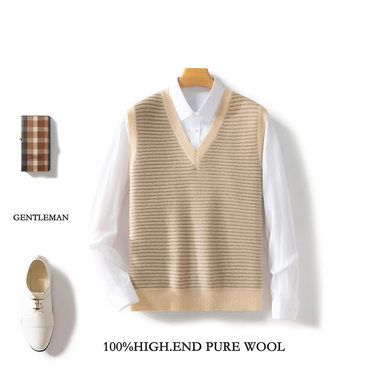 Pánske vlnené vesta s V výstrihom, bez rukávov, voľný strih, jacquard vzor s pruhmi