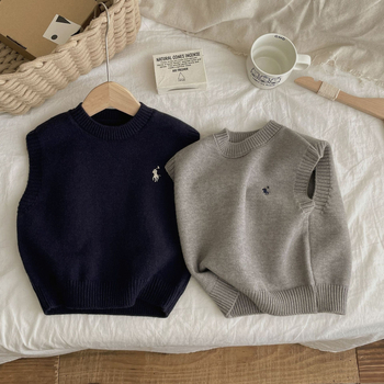 Детски плетен жилет, корейски стил, кръгло деколте, без ръкави, пуловер (акрил 55%)