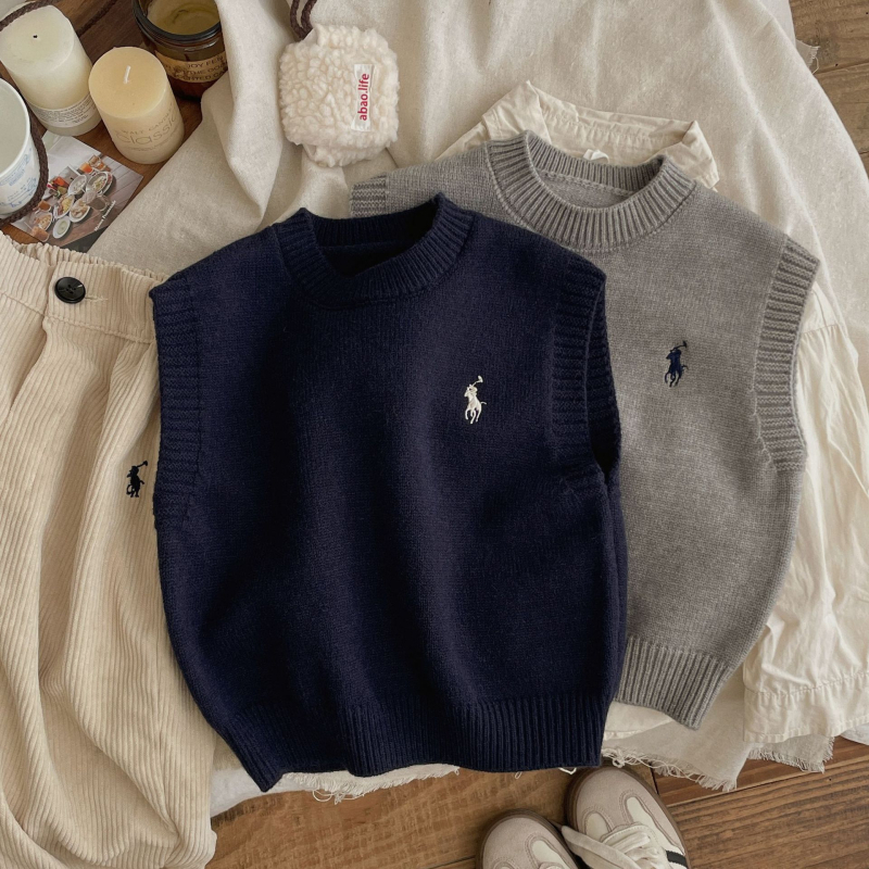 Gyerekeknek való kötött mellény, koreai stílus, kerek nyak, ujj nélküli, pulóver (akril 55%)