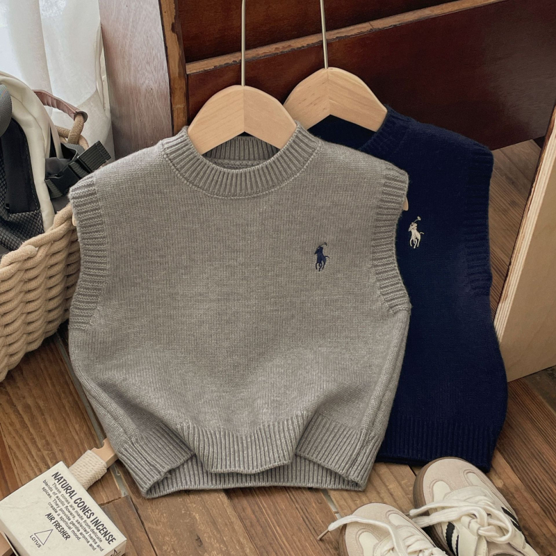 Детски плетен жилет, корейски стил, кръгло деколте, без ръкави, пуловер (акрил 55%)