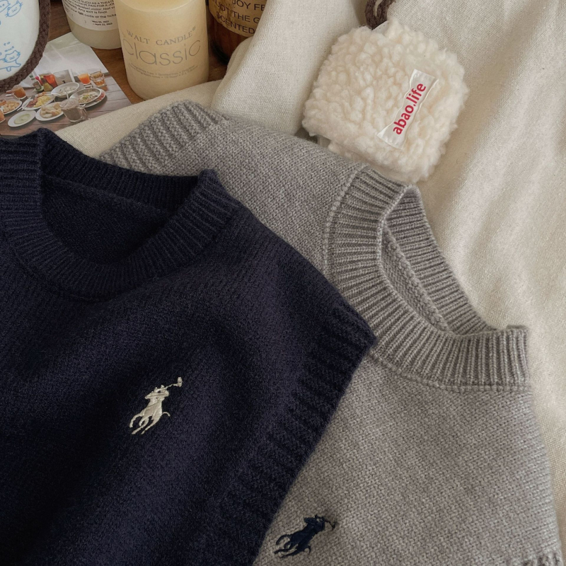 Детски плетен жилет, корейски стил, кръгло деколте, без ръкави, пуловер (акрил 55%)