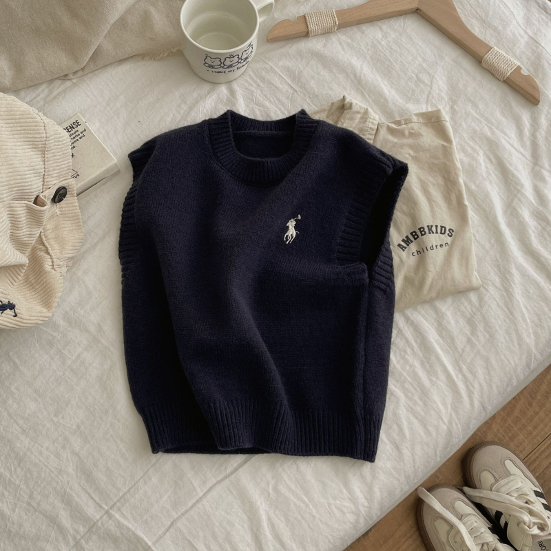 Детски плетен жилет, корейски стил, кръгло деколте, без ръкави, пуловер (акрил 55%)