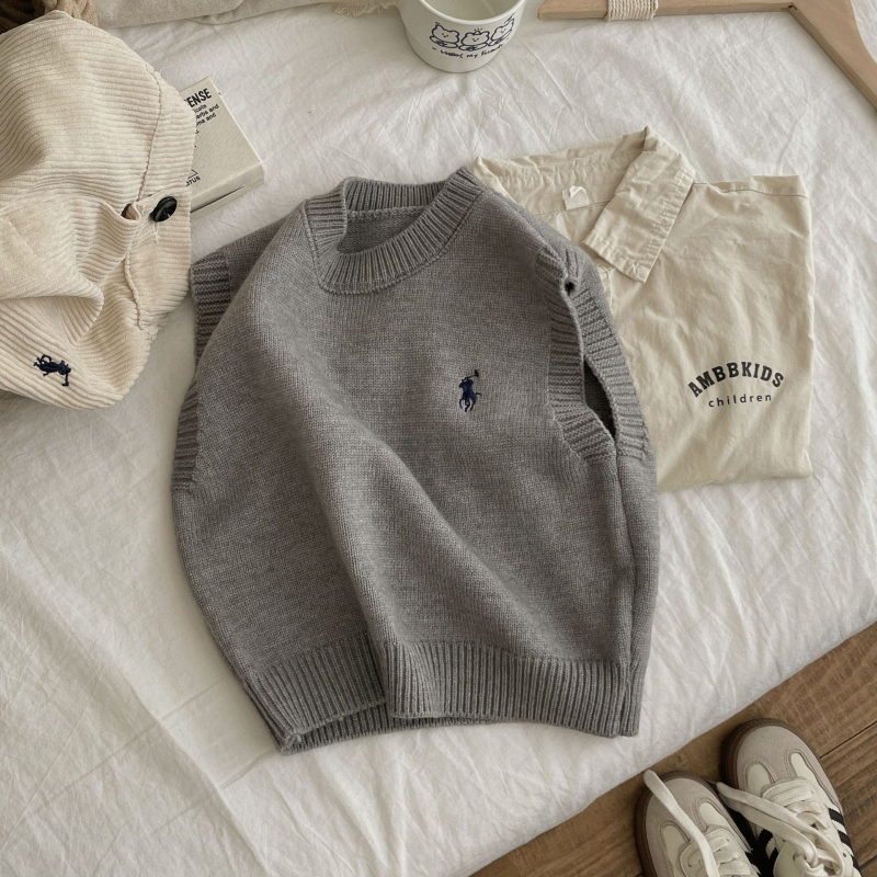 Детски плетен жилет, корейски стил, кръгло деколте, без ръкави, пуловер (акрил 55%)