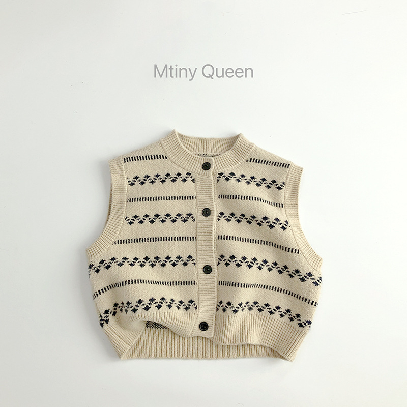 Detská pletená vesta v kórejskom štýle, pruhovaný žakard, modalové vlákno 25%, bez rukávov, okrúhly výstrih.