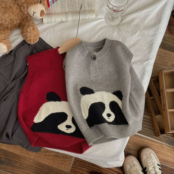 Detská panda pletená vesta s okrúhym výstrihom, zapínanie na jedno tlačidlo, bez rukávov, karikatúrny vzor, jar–jeseň
