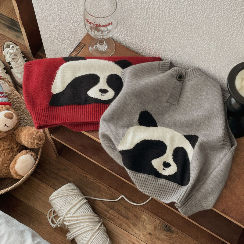 Detská panda pletená vesta s okrúhym výstrihom, zapínanie na jedno tlačidlo, bez rukávov, karikatúrny vzor, jar–jeseň