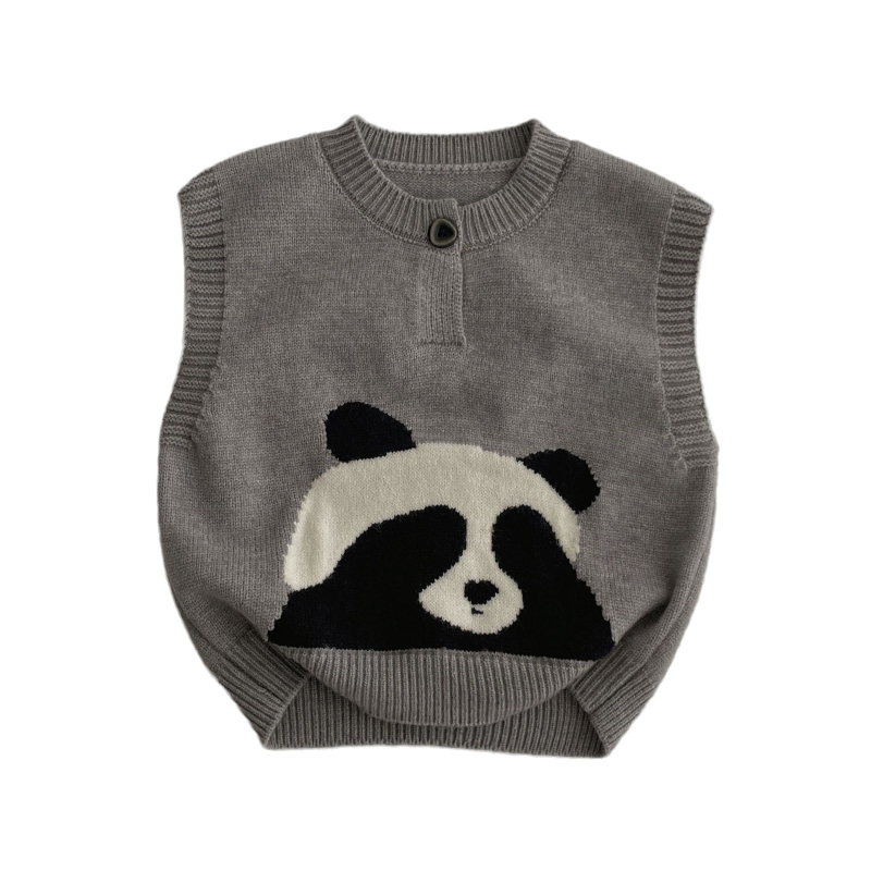Detská panda pletená vesta s okrúhym výstrihom, zapínanie na jedno tlačidlo, bez rukávov, karikatúrny vzor, jar–jeseň