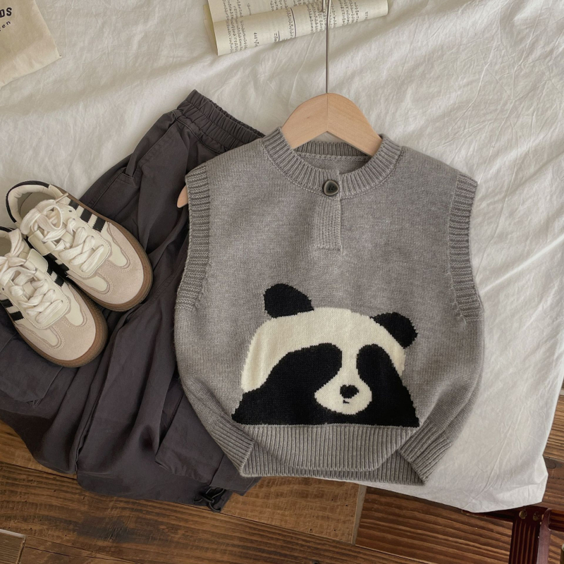 Detská panda pletená vesta s okrúhym výstrihom, zapínanie na jedno tlačidlo, bez rukávov, karikatúrny vzor, jar–jeseň