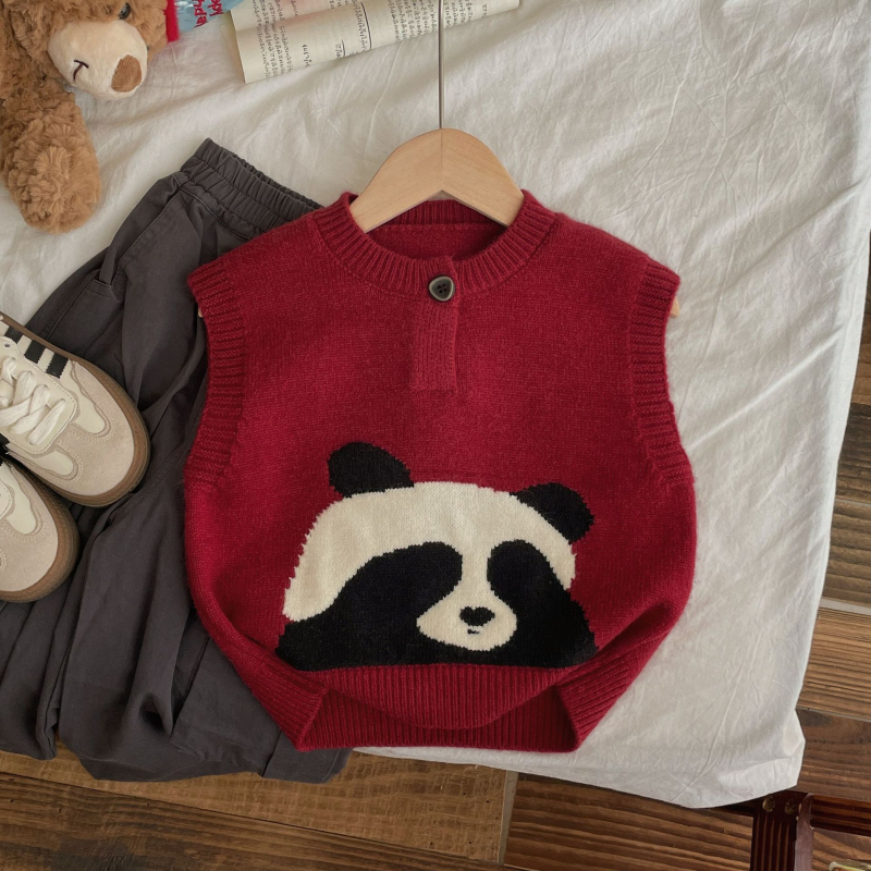 Detská panda pletená vesta s okrúhym výstrihom, zapínanie na jedno tlačidlo, bez rukávov, karikatúrny vzor, jar–jeseň
