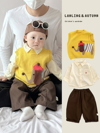 Chlapčenská bezruková vesta na jar a jeseň s karikatúrnym motívom, pletený materiál akryl 50%, kórejská verzia, pulórový štýl