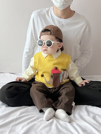 Chlapčenská bezruková vesta na jar a jeseň s karikatúrnym motívom, pletený materiál akryl 50%, kórejská verzia, pulórový štýl