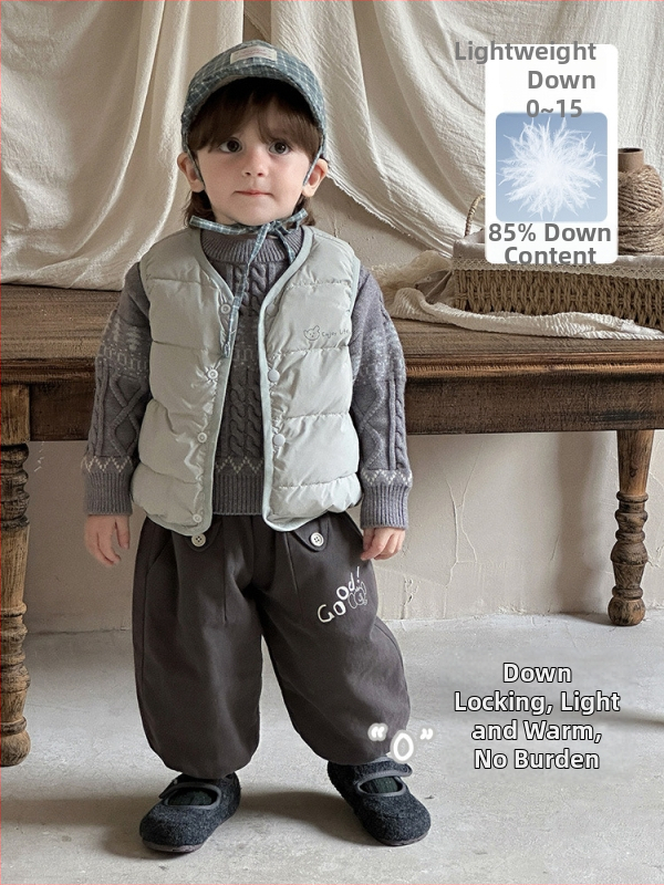 Detská vesta s perím, korejského štýlu, bez rukávov, hrubá, pre vek 1–3 rokov, biely kačací down 86–90%, karikatúrny vzor, zapínanie jedným radom gombov