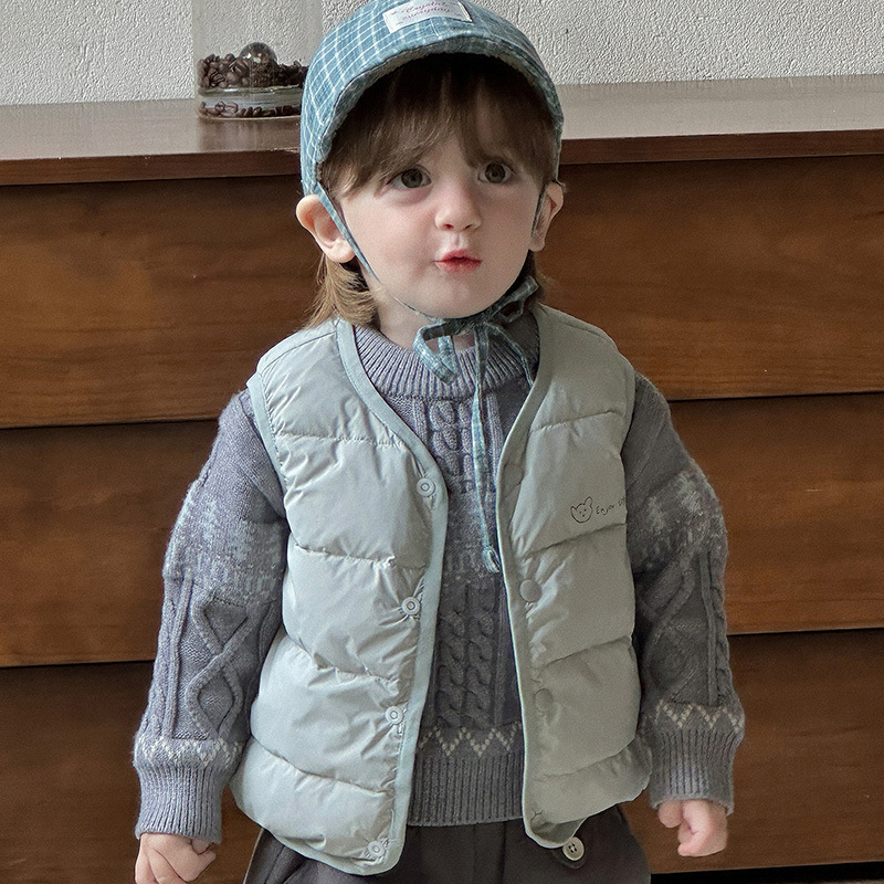 Detská vesta s perím, korejského štýlu, bez rukávov, hrubá, pre vek 1–3 rokov, biely kačací down 86–90%, karikatúrny vzor, zapínanie jedným radom gombov