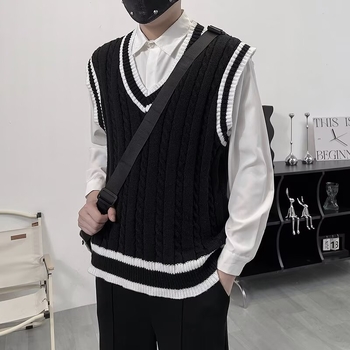 Pánska bezrukávová vesta v kórejskom štýle, V-krk, blokový vzor, voľný strih