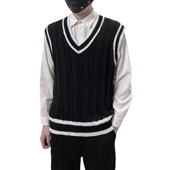 Pánska bezrukávová vesta v kórejskom štýle, V-krk, blokový vzor, voľný strih