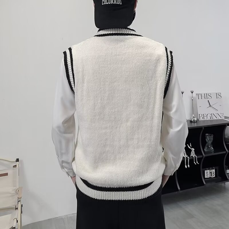 Pánska bezrukávová vesta v kórejskom štýle, V-krk, blokový vzor, voľný strih
