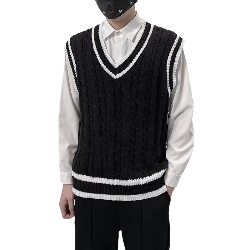 Pánska bezrukávová vesta v kórejskom štýle, V-krk, blokový vzor, voľný strih