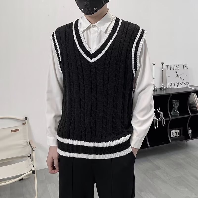 Pánska bezrukávová vesta v kórejskom štýle, V-krk, blokový vzor, voľný strih