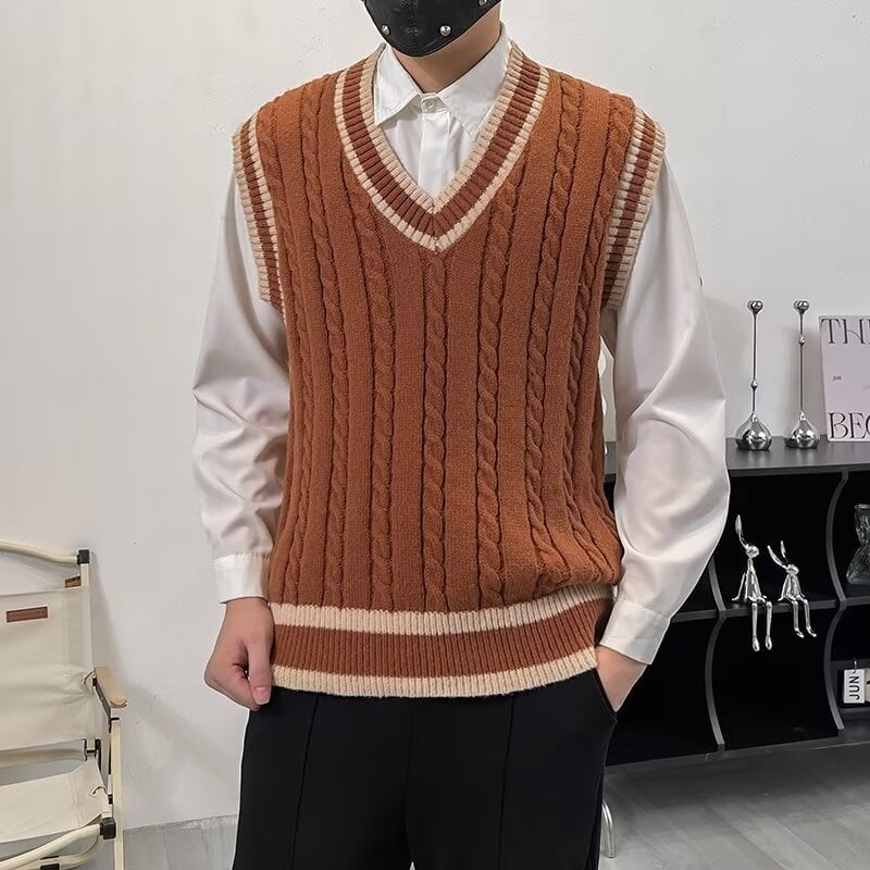 Pánska bezrukávová vesta v kórejskom štýle, V-krk, blokový vzor, voľný strih