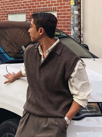Muška vest s polo ovratnikom, opuštenog kroja, korejska verzija, poliester 45%, proljeće-jesen