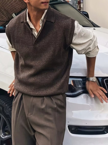 Muška vest s polo ovratnikom, opuštenog kroja, korejska verzija, poliester 45%, proljeće-jesen