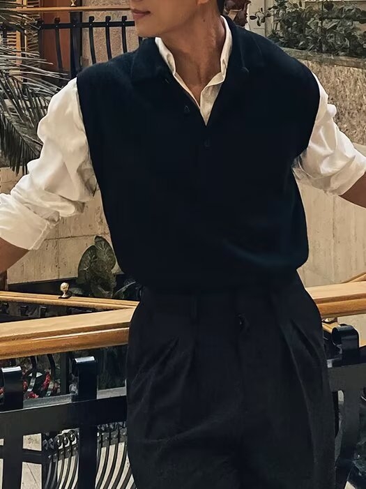 Muška vest s polo ovratnikom, opuštenog kroja, korejska verzija, poliester 45%, proljeće-jesen