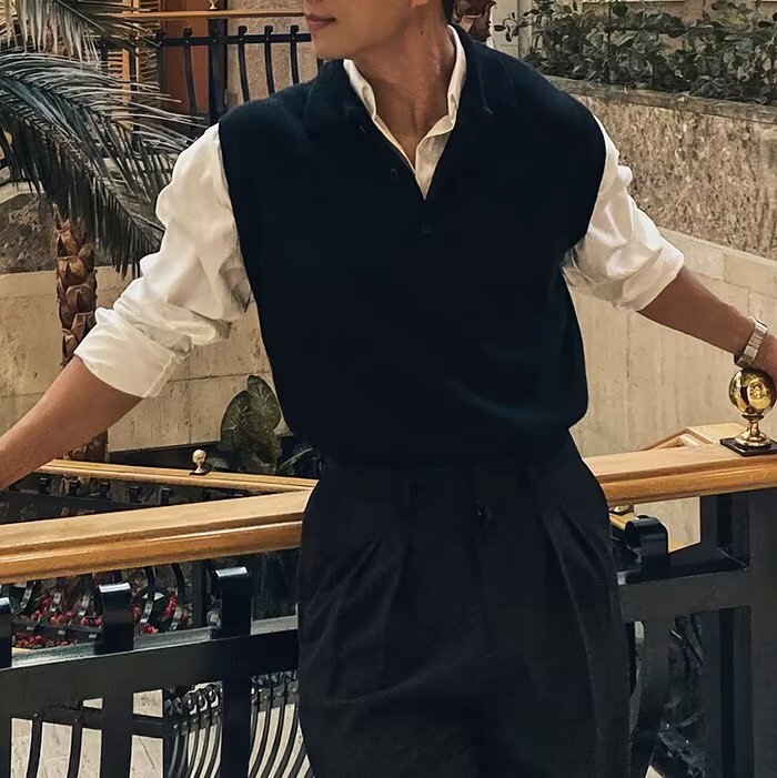 Muška vest s polo ovratnikom, opuštenog kroja, korejska verzija, poliester 45%, proljeće-jesen