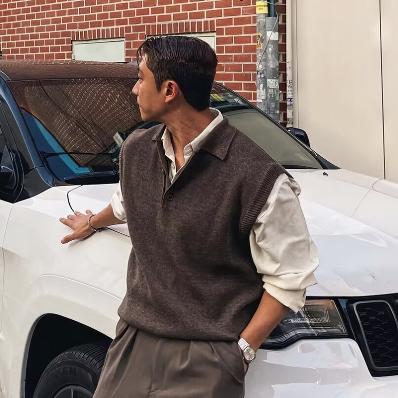 Muška vest s polo ovratnikom, opuštenog kroja, korejska verzija, poliester 45%, proljeće-jesen