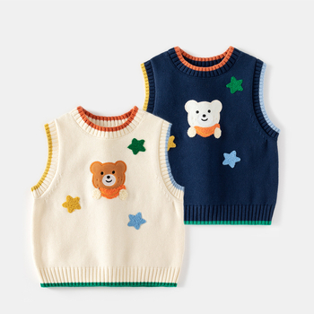 Detský pletený vest bez rukávov s vyšívaným medvedíkom, 100% bavlna, okrúhly výstrih, kórejský štýl