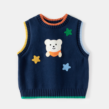 Detský pletený vest bez rukávov s vyšívaným medvedíkom, 100% bavlna, okrúhly výstrih, kórejský štýl