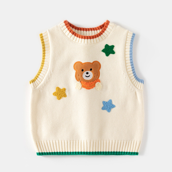 Detský pletený vest bez rukávov s vyšívaným medvedíkom, 100% bavlna, okrúhly výstrih, kórejský štýl