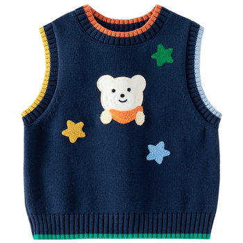 Detský pletený vest bez rukávov s vyšívaným medvedíkom, 100% bavlna, okrúhly výstrih, kórejský štýl