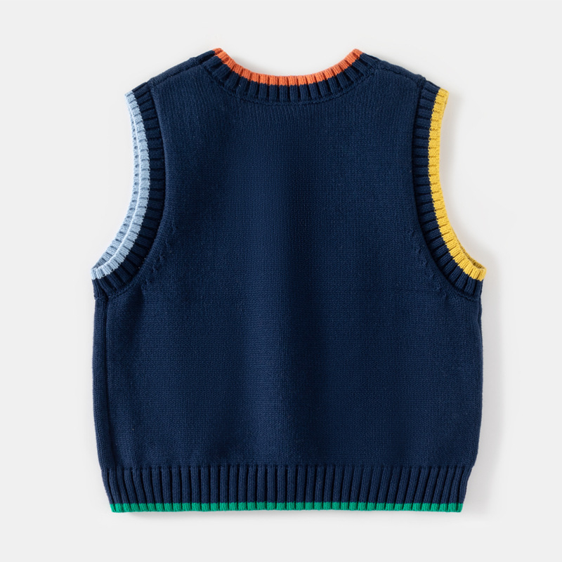 Detský pletený vest bez rukávov s vyšívaným medvedíkom, 100% bavlna, okrúhly výstrih, kórejský štýl
