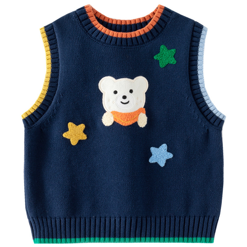 Detský pletený vest bez rukávov s vyšívaným medvedíkom, 100% bavlna, okrúhly výstrih, kórejský štýl