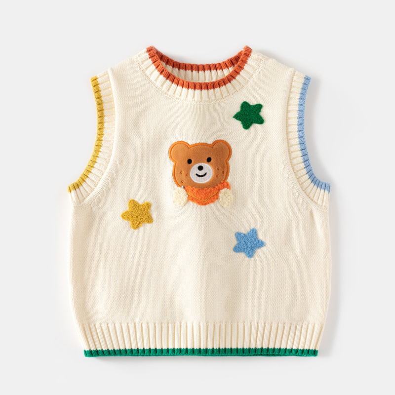 Detský pletený vest bez rukávov s vyšívaným medvedíkom, 100% bavlna, okrúhly výstrih, kórejský štýl