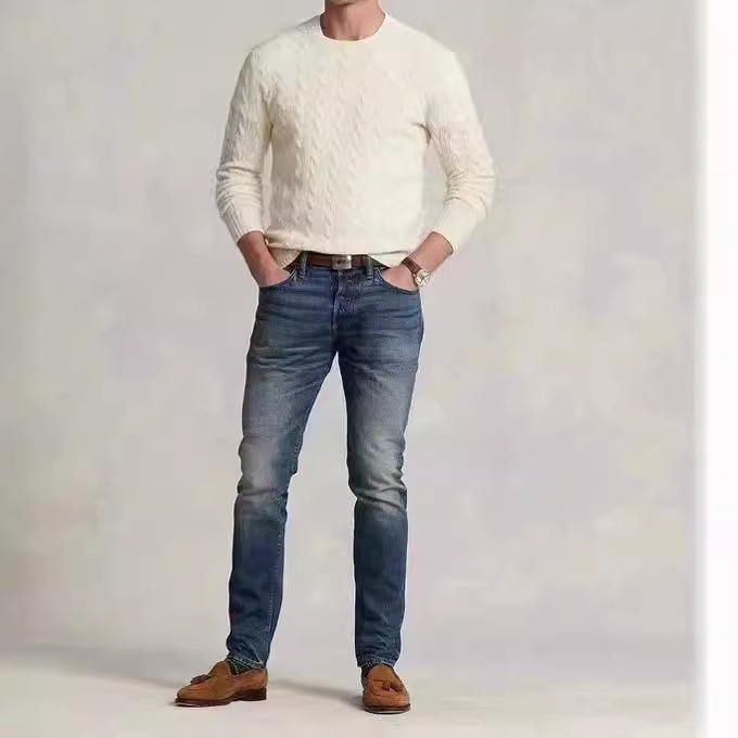 Pánsky kasmírový sveter s guľatým výstrihom, dlhé rukávy, 95% kasmír, jednofarebný, zimné oblečenie