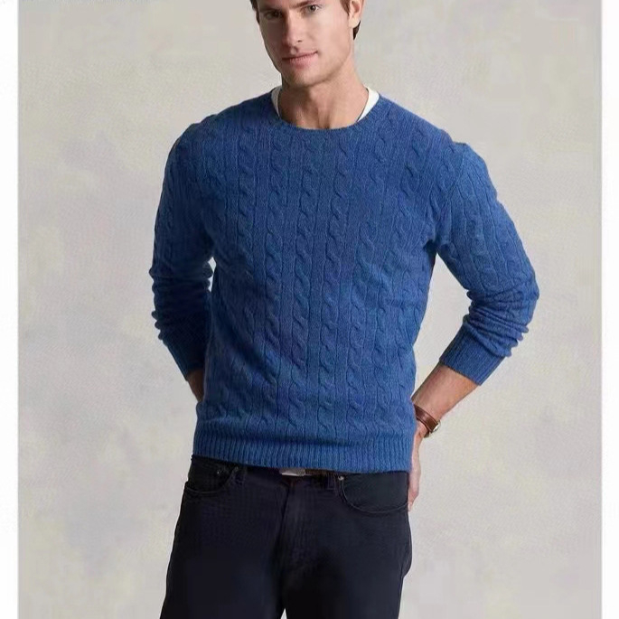 Pánsky kasmírový sveter s guľatým výstrihom, dlhé rukávy, 95% kasmír, jednofarebný, zimné oblečenie