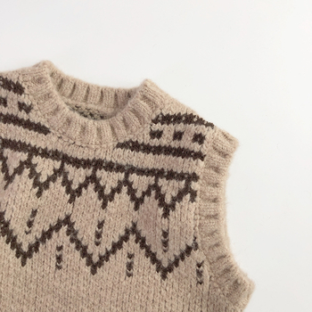 Detská mohair pletená vesta bez rukávov, kórejský štýl, kruhový golier, pruhovaný vzor, pre deti vo veku 3–8 rokov